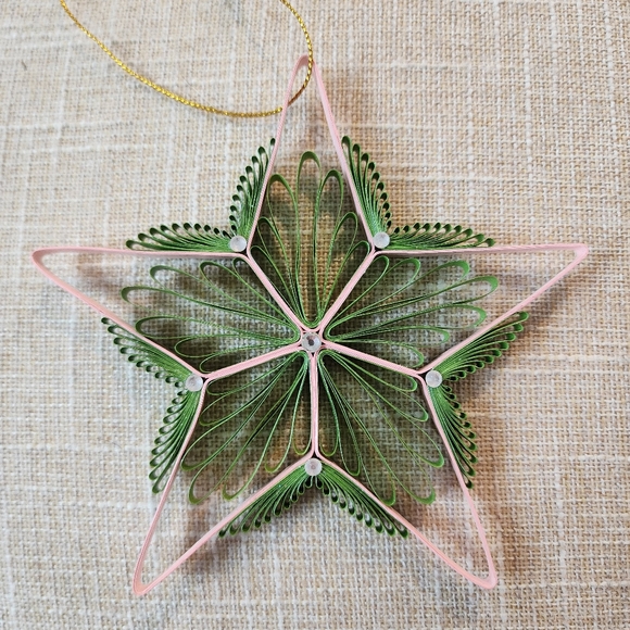 Handmade by me, lightweight, green and soft pink paper star Christmas ornament - Picture 2 of 2